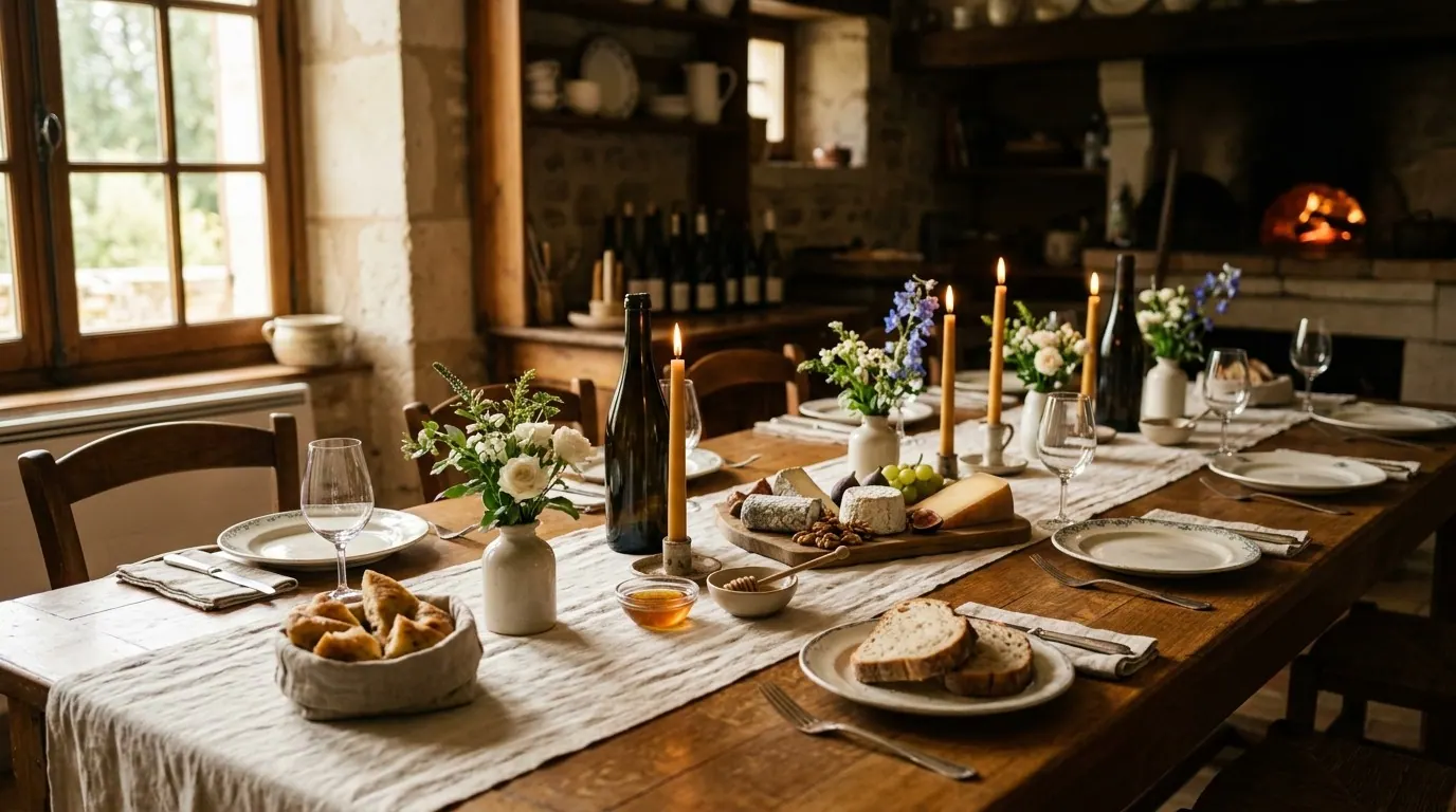 Stand traiteur installé sur une place de village, tente artisanale et planche apéritive